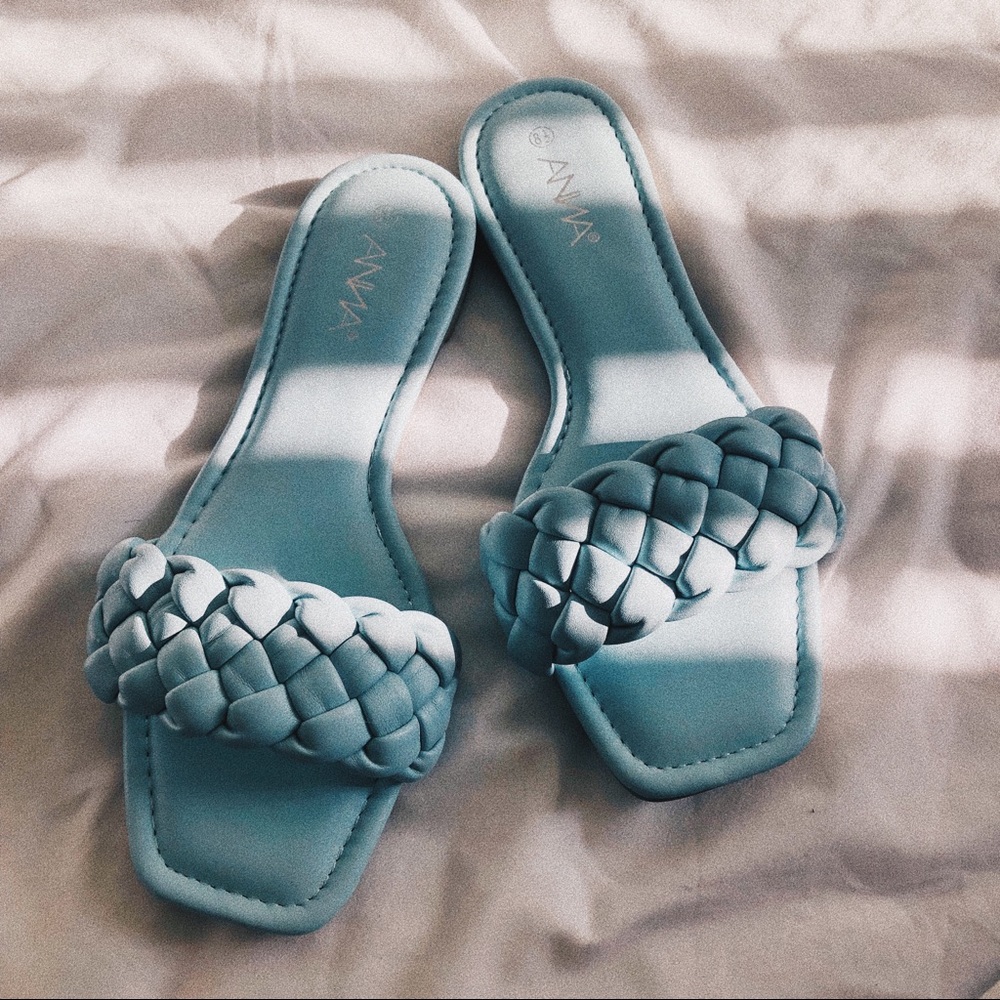 Light Blue Braided Strap Leather Slide Sandals
